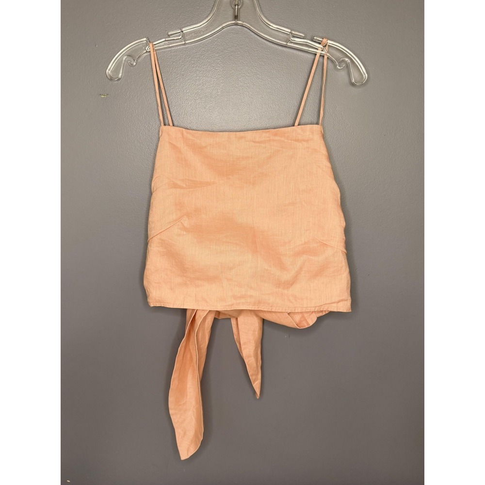 H&M Tank Top Womens XL Orange 100% Linen Tie Cropped Natural Square Neck Cami
